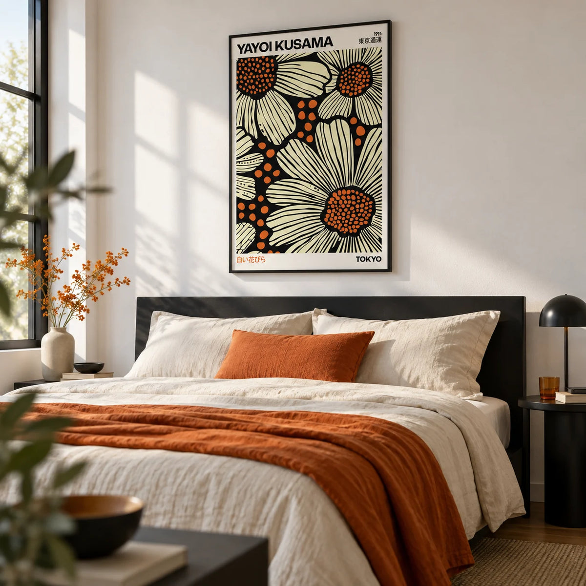 Modern Floral Art Print, framed on the wall of a crisp modern bedroom with a white wall