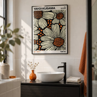 Modern Floral Art Print, framed on the wall of a modern bathroom with a white wall and plain white tiles