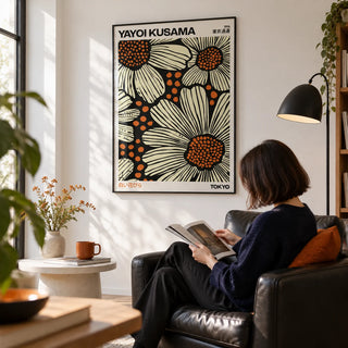 Modern Floral Art Print, framed on the wall of a reading corner with a white wall in a living room