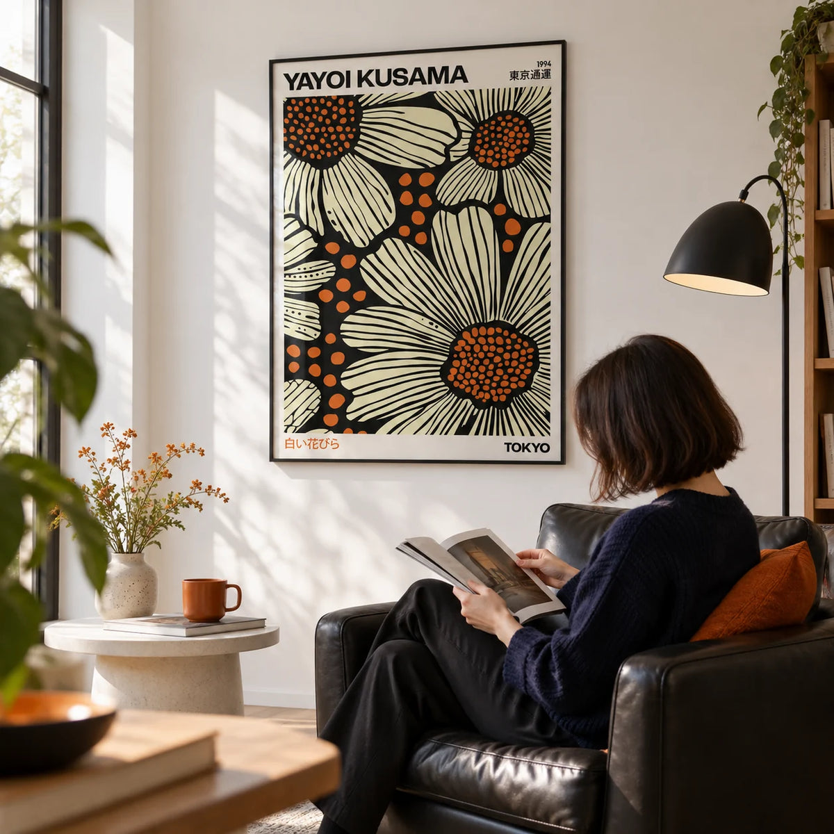 Modern Floral Art Print, framed on the wall of a reading corner with a white wall in a living room