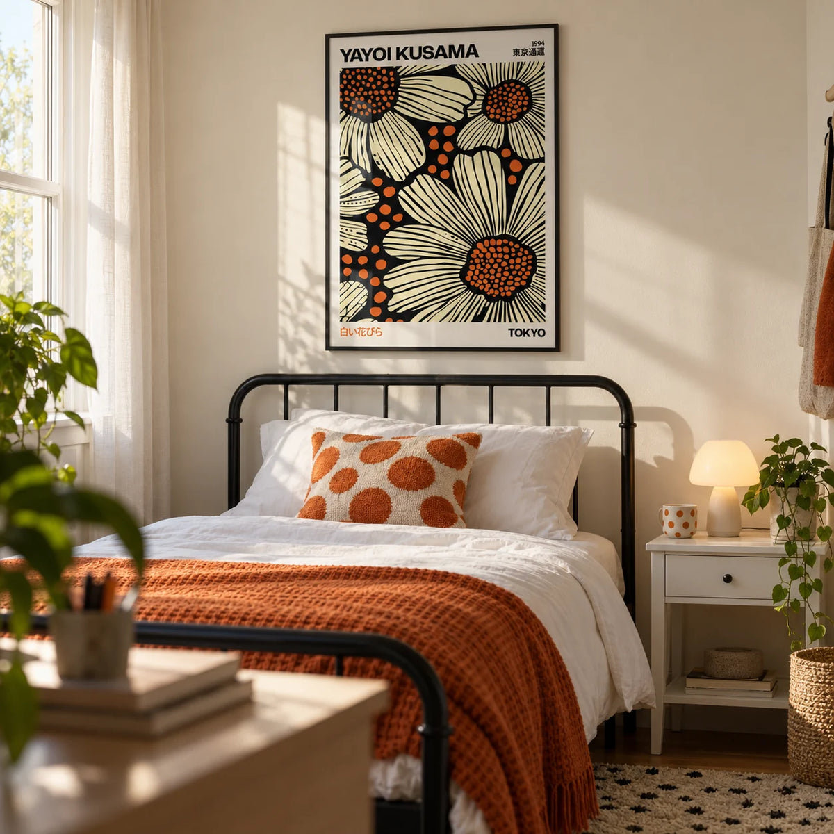 Modern Floral Art Print, framed on the wall of a teen girl's bedroom (13-17) with a soft cream wall