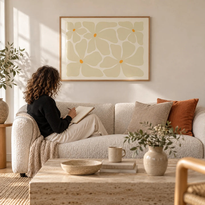 Modern Floral Poster, framed on the wall of a calm neutral living room