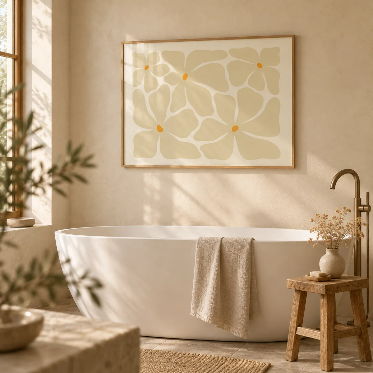 Modern Floral Poster, framed on the wall of a calm spa bathroom with warm plaster walls