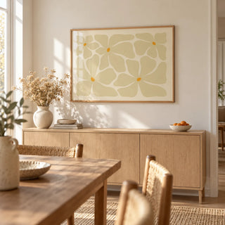 Modern Floral Poster, framed on the wall of a light dining room
