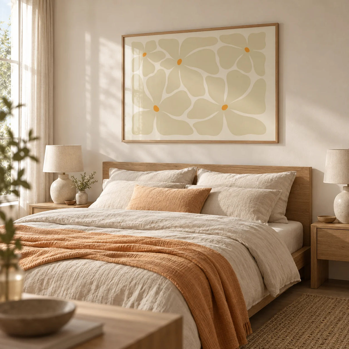 Modern Floral Poster, framed on the wall of a soft neutral bedroom