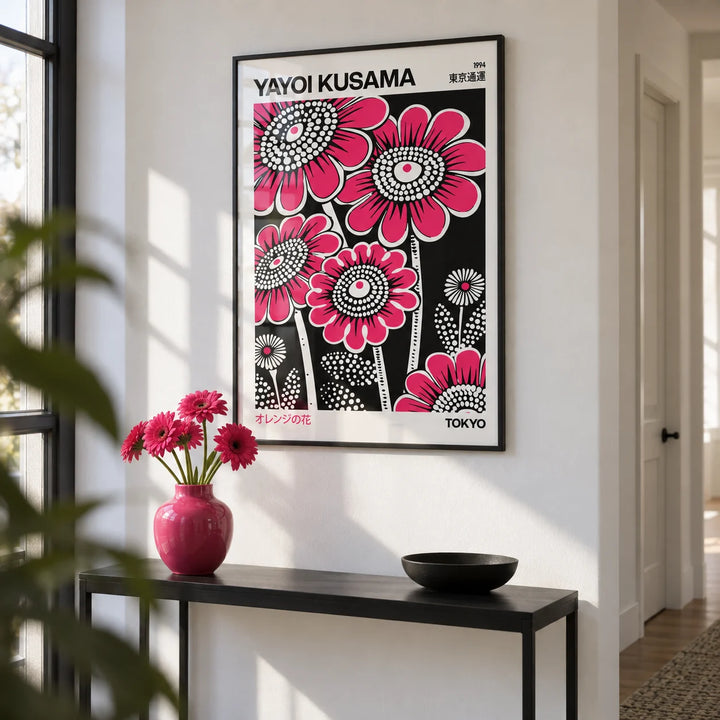Modern Floral Wall Art, framed on the wall of a crisp hallway with a white wall