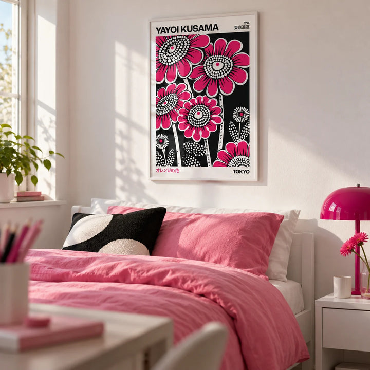 Modern Floral Wall Art, framed on the wall of a fun teen girl's bedroom (13-17) with a white wall