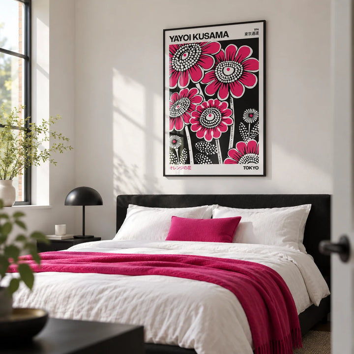 Modern Floral Wall Art, framed on the wall of a modern bedroom with a soft white wall
