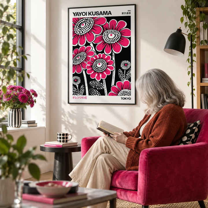 Modern Floral Wall Art, framed on the wall of a modern reading corner with a white wall in a living room