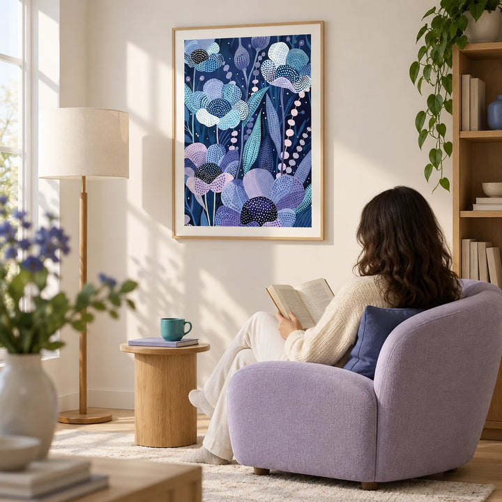 Modern Flower Art, framed on the wall of a bright reading corner in a design-conscious flat with an ivory wall and pale timber floor in a living room