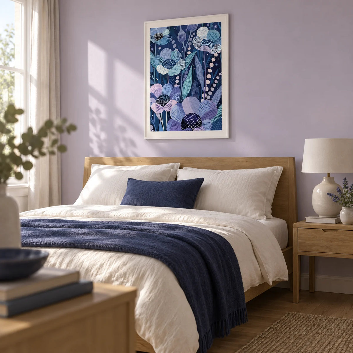 Modern Flower Art, framed on the wall of a contemporary double bedroom with a pale lilac wall and oak floorboards