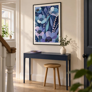 Modern Flower Art, framed on the wall of a contemporary hallway in a UK terraced house with warm ivory walls and pale oak floorboards