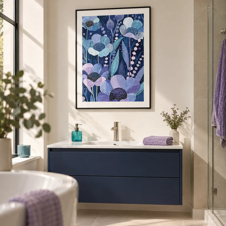 Modern Flower Art, framed on the wall of a modern bathroom in a renovated UK home with warm white walls and large plain ivory tiles