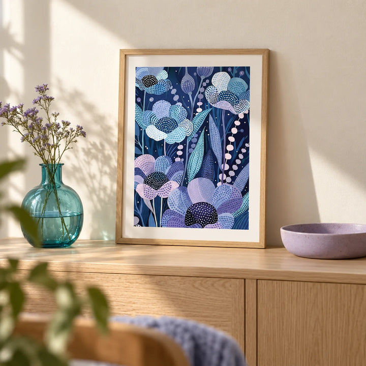 Modern Flower Art, a small A4 framed print leaning on a pale oak sideboard in a living room