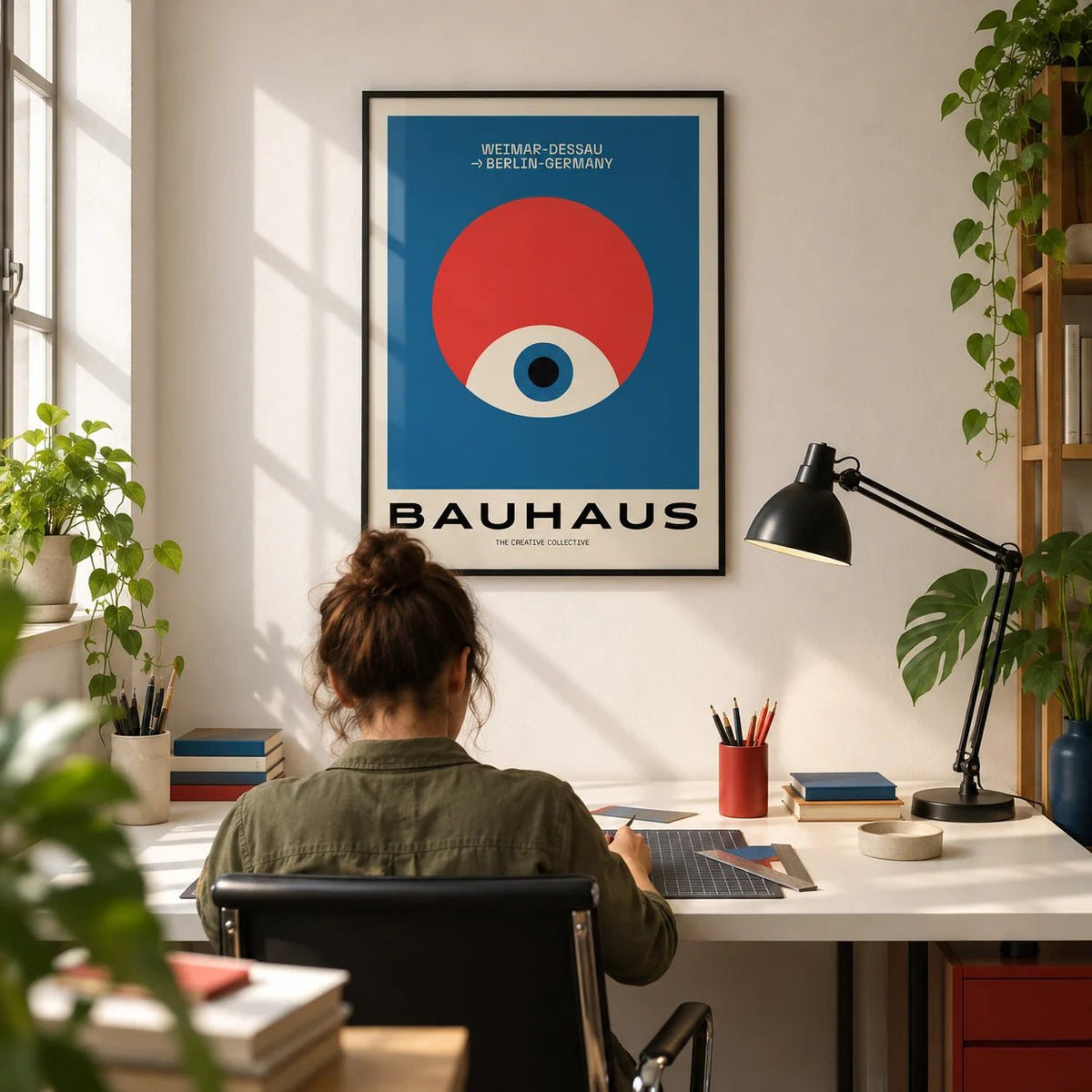 Modern Geometric Abstract Art, framed on the wall of a bright design studio in a home office