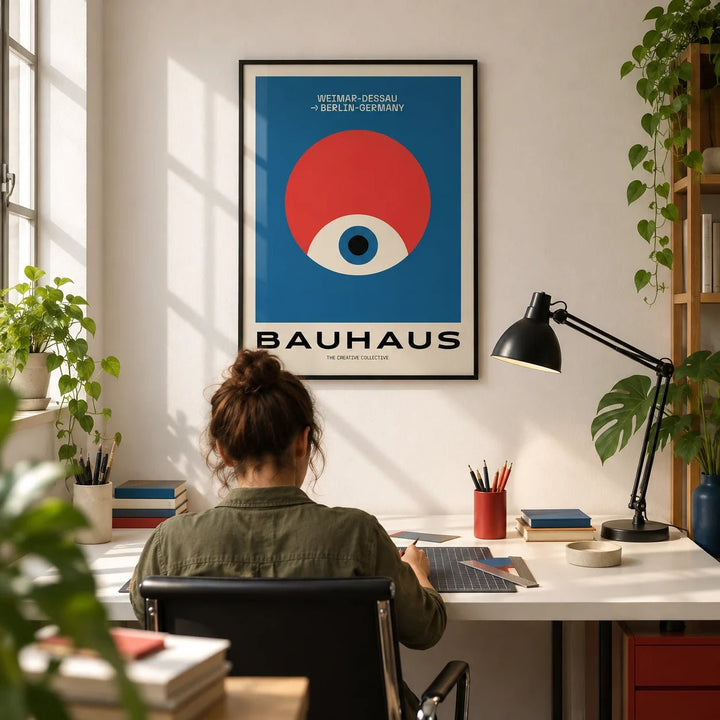 Modern Geometric Abstract Art, framed on the wall of a bright design studio in a home office