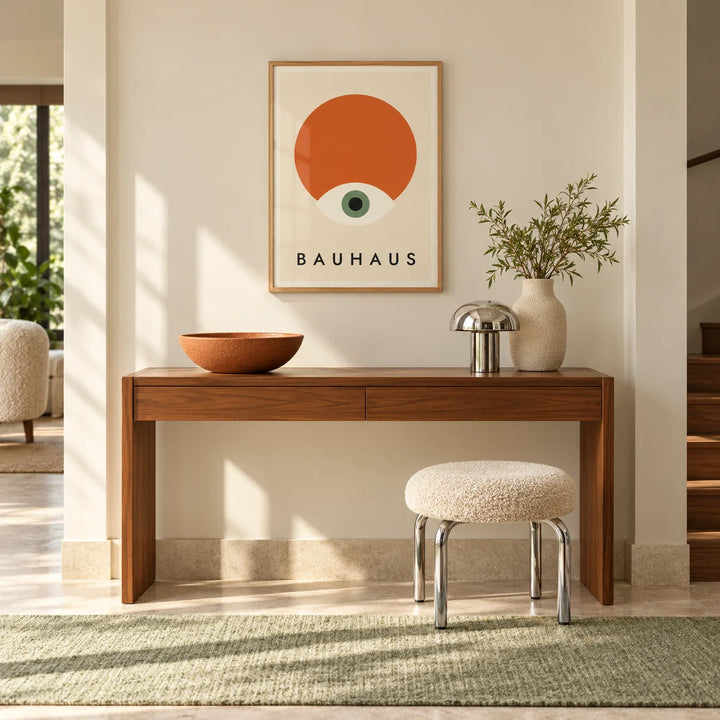 Modern Geometric Abstract Art, framed on the wall of a bright hallway with a walnut side table