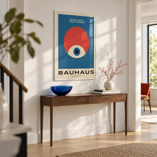 Modern Geometric Abstract Art, framed on the wall of a crisp modern hallway