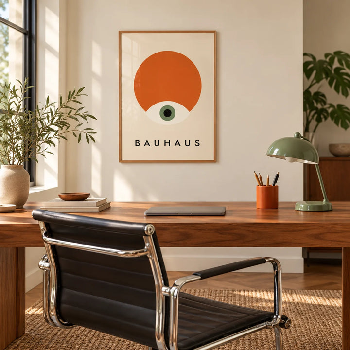 Modern Geometric Abstract Art, framed on the wall of a home office with a walnut desk and a black leather chair