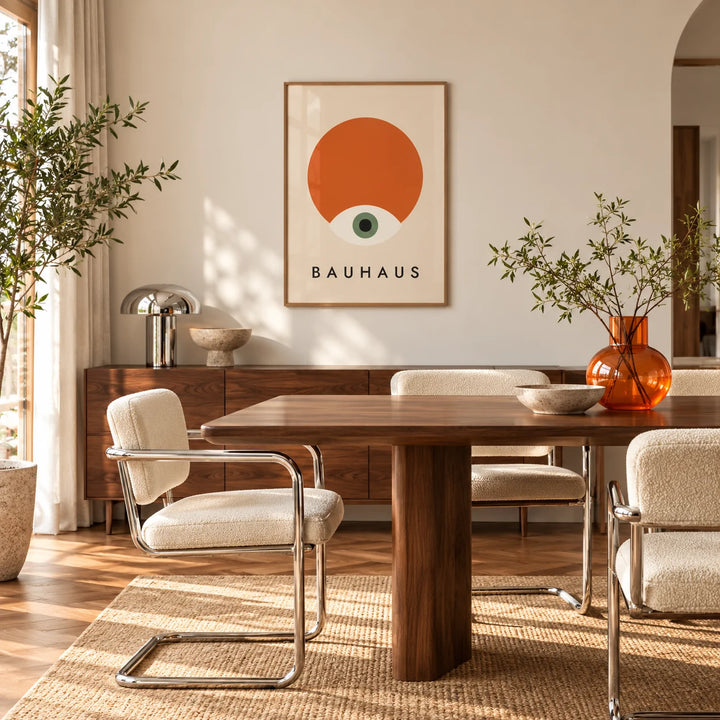 Modern Geometric Abstract Art, framed on the wall of a mid-century dining room with a walnut table and chrome chairs