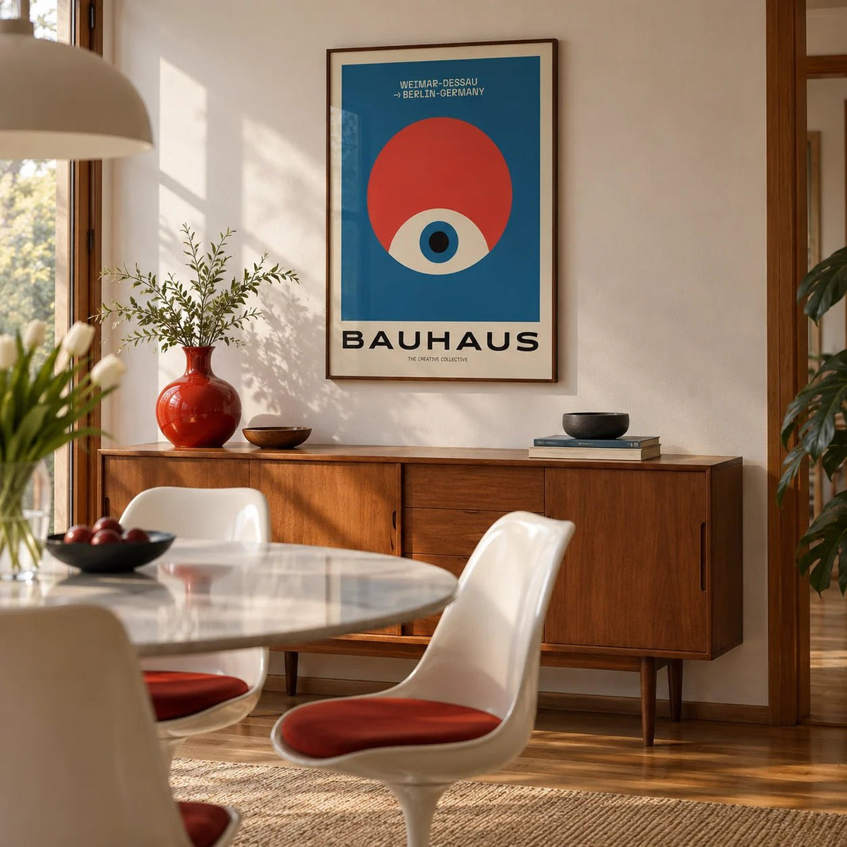 Modern Geometric Abstract Art, framed on the wall of a mid-century modern dining room