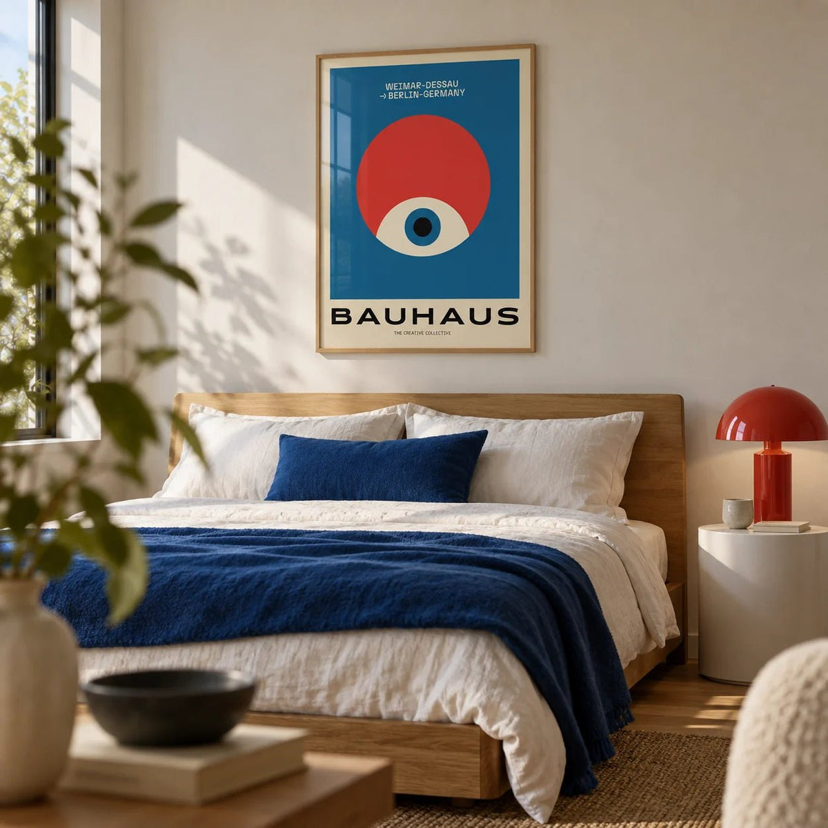 Modern Geometric Abstract Art, framed on the wall of a modern bedroom