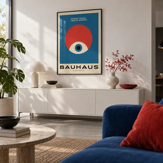 Modern Geometric Abstract Art, framed on the wall of a modern living room with a white wall and polished concrete floor