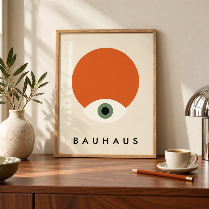Modern Geometric Abstract Art, a small A4 framed print leaning on a walnut desk