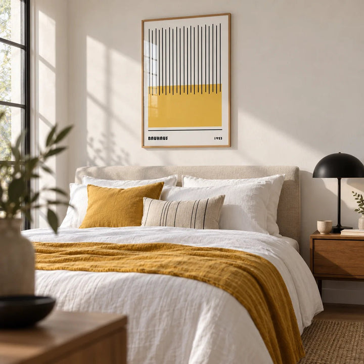 Modern Geometric Art, framed on the wall of a crisp modern bedroom