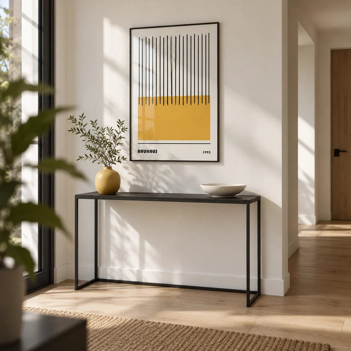 Modern Geometric Art, framed on the wall of a minimal hallway