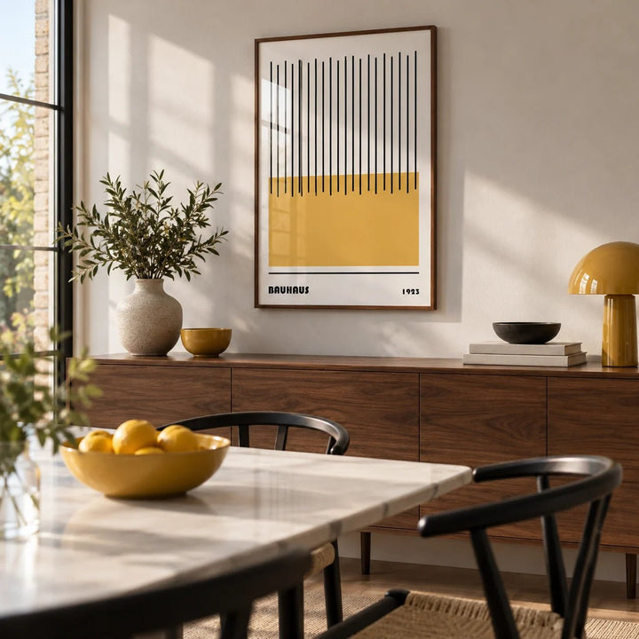 Modern Geometric Art, framed on the wall of a modern dining room