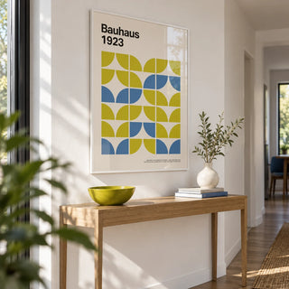 Bauhaus Geometric Art, framed on the wall of a crisp modern hallway