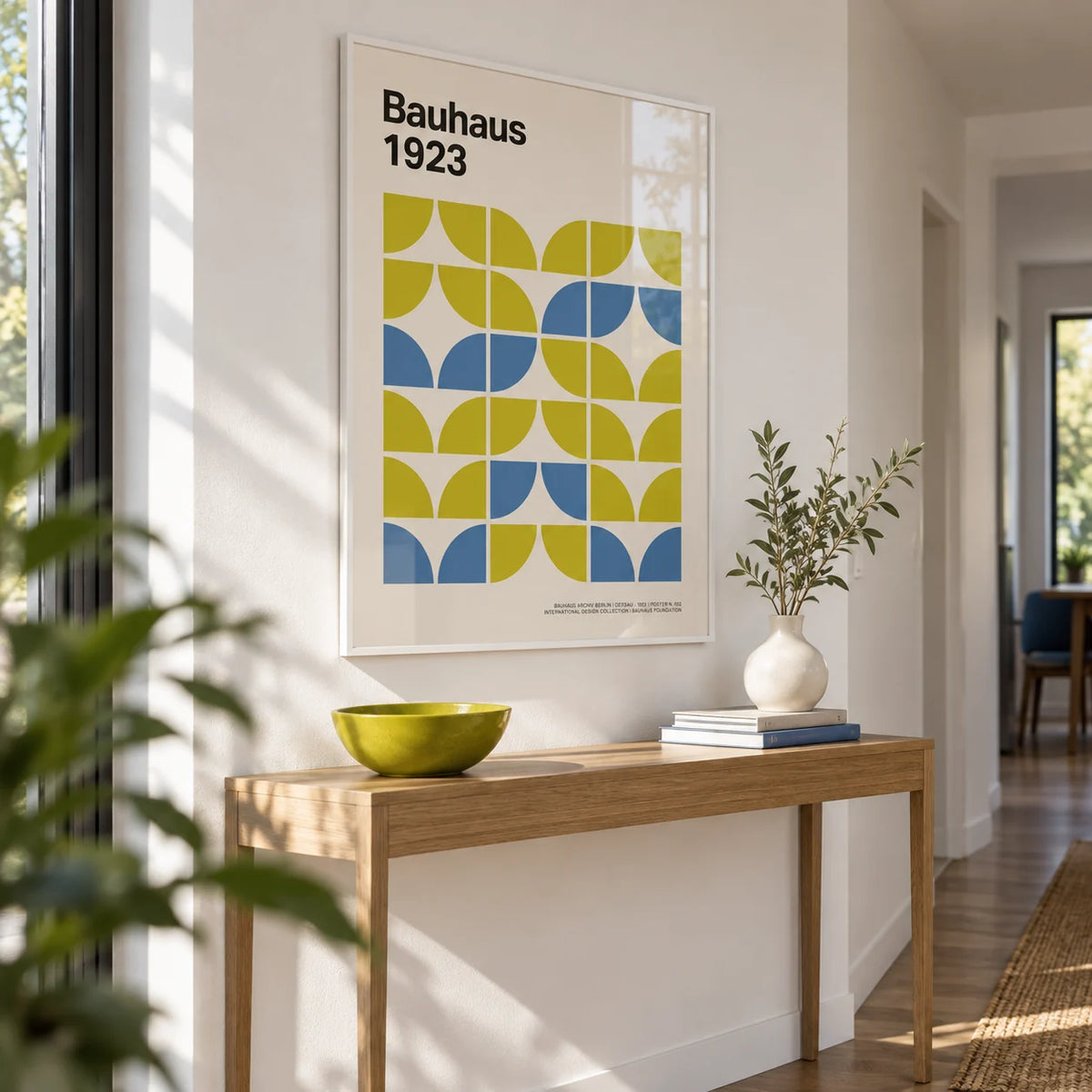 Bauhaus Geometric Art, framed on the wall of a crisp modern hallway