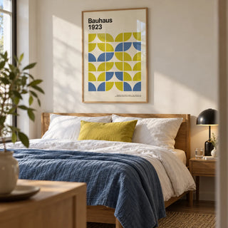 Bauhaus Geometric Art, framed on the wall of a design-led bedroom
