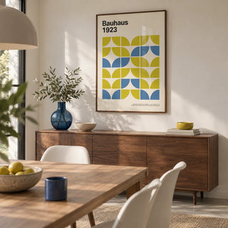 Bauhaus Geometric Art, framed on the wall of a modern dining room