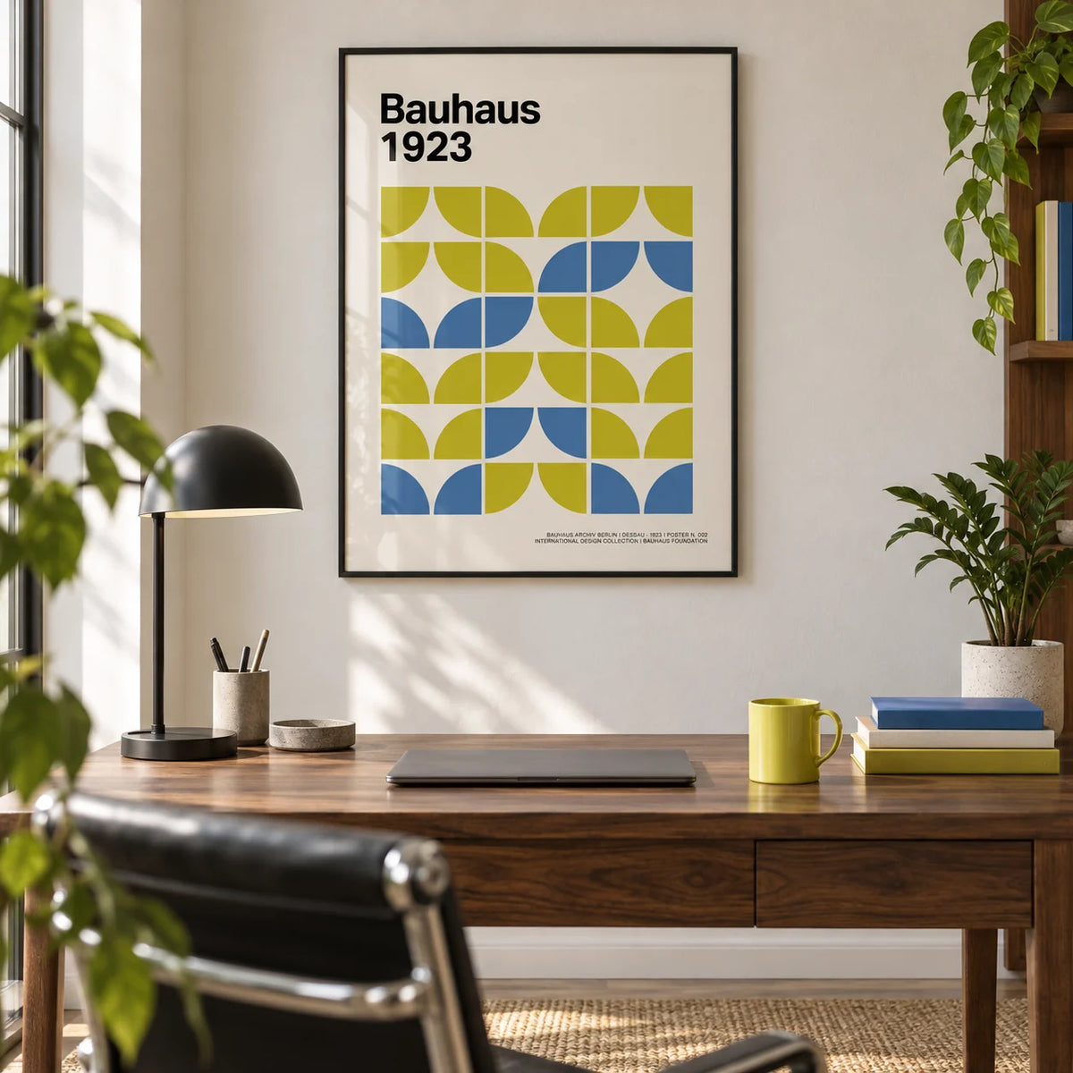 Bauhaus Geometric Art, framed on the wall of a modern home office
