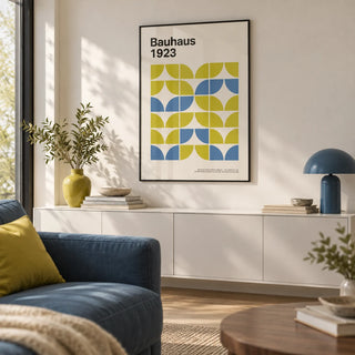 Bauhaus Geometric Art, framed on the wall of a modern living room