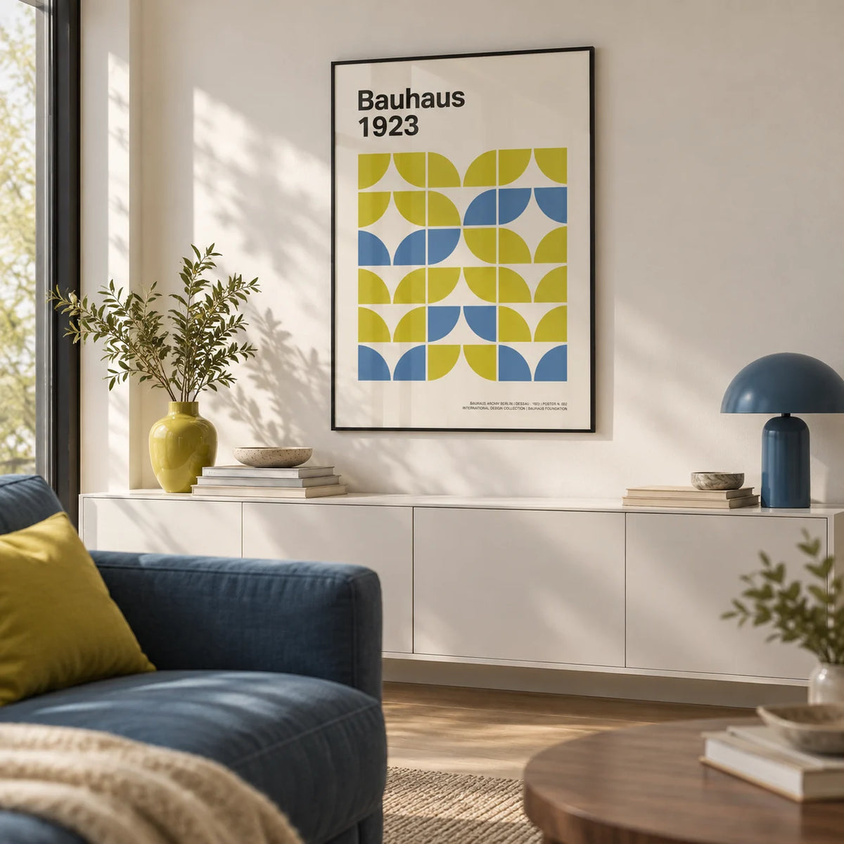 Bauhaus Geometric Art, framed on the wall of a modern living room