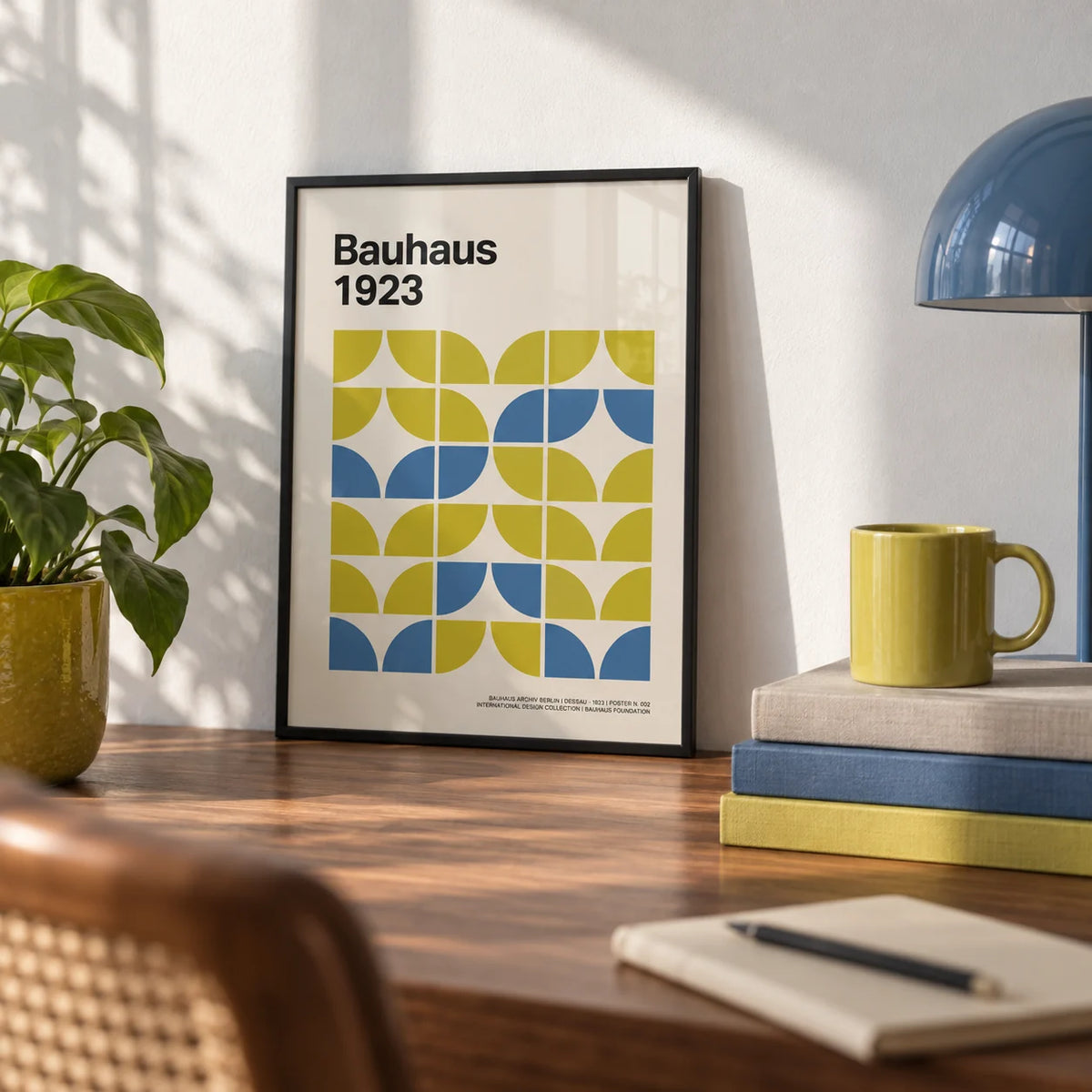 Bauhaus Geometric Art, a small A4 framed print leaning on a walnut desk
