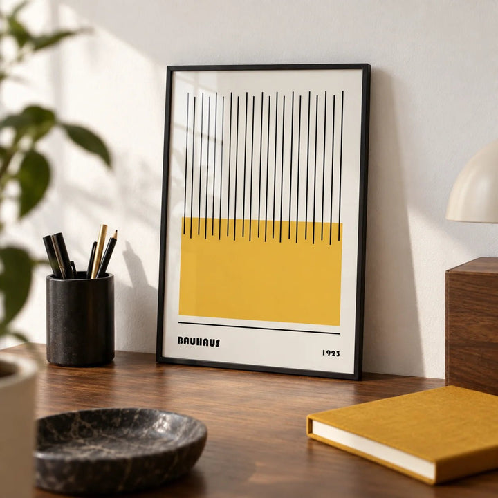 Modern Geometric Art, a small A4 framed print leaning on a walnut desk