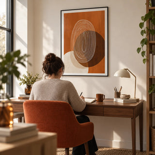 Modern Geometric Print, framed on the wall of a compact home study in a contemporary UK flat with an off-white wall