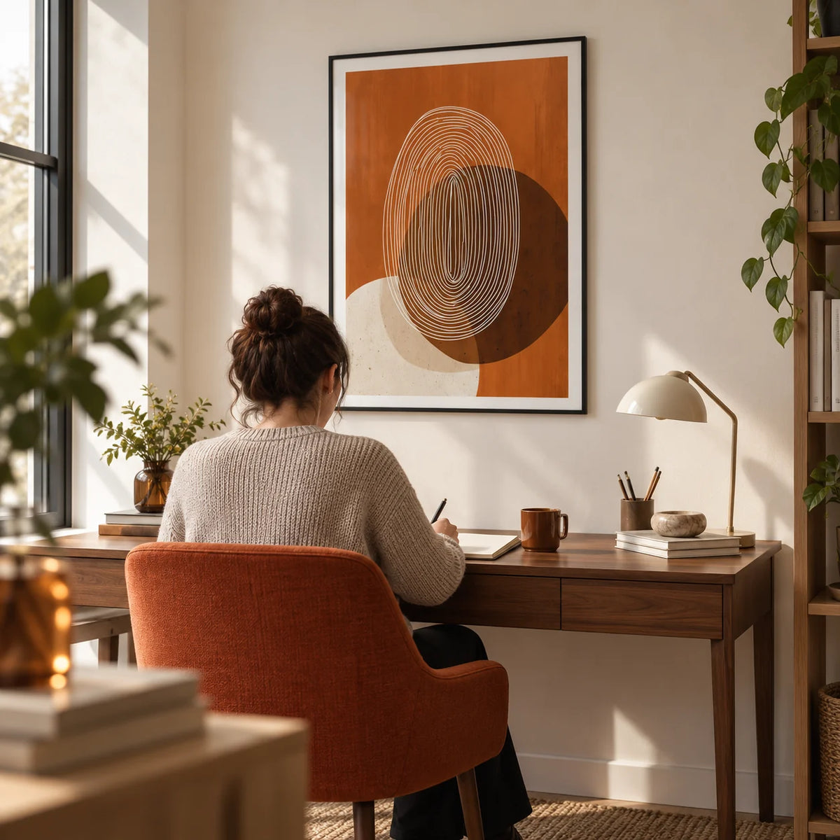 Modern Geometric Print, framed on the wall of a compact home study in a contemporary UK flat with an off-white wall