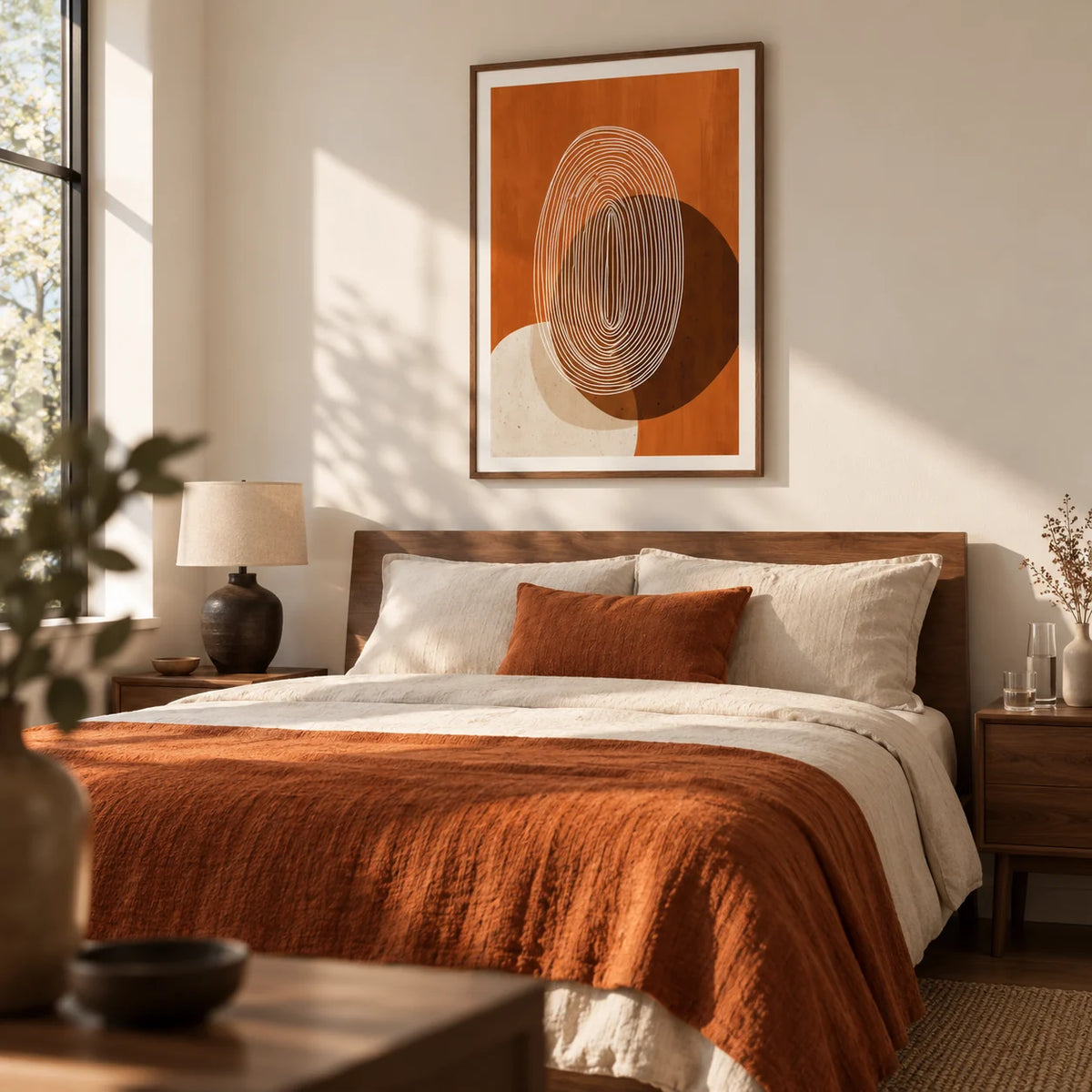 Modern Geometric Print, framed on the wall of a design-led bedroom with a warm white wall and simple walnut furniture