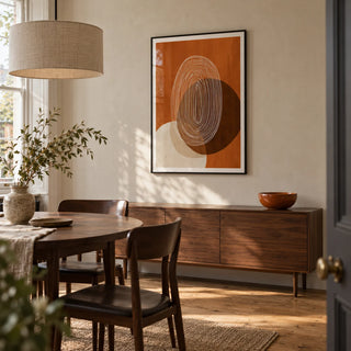 Modern Geometric Print, framed on the wall of a modern dining room in a Victorian terrace with a pale plaster wall and oak floor