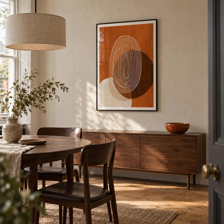 Modern Geometric Print, framed on the wall of a modern dining room in a Victorian terrace with a pale plaster wall and oak floor
