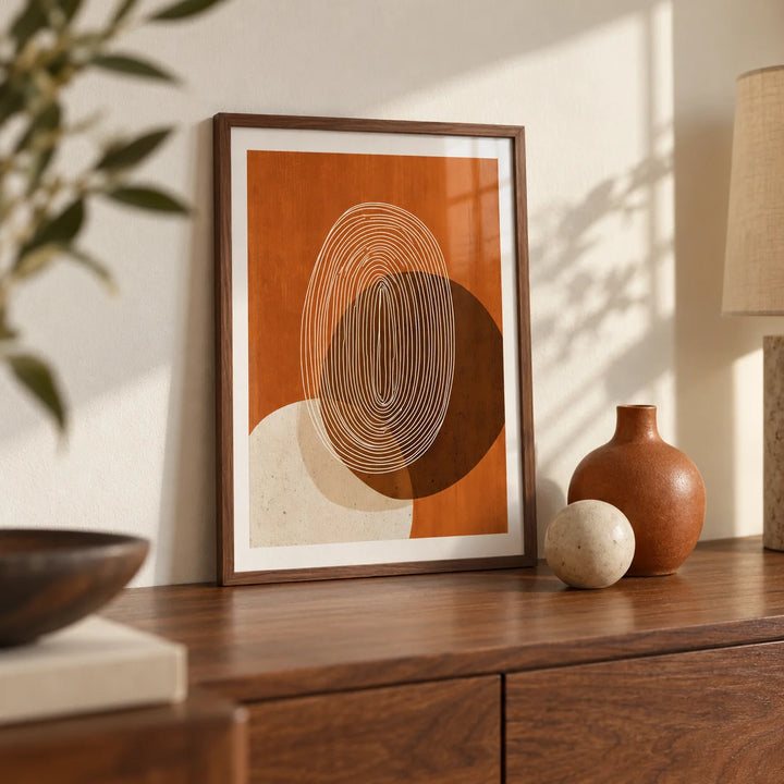 Modern Geometric Print, a small A4 framed print leaning on a walnut sideboard in a living room