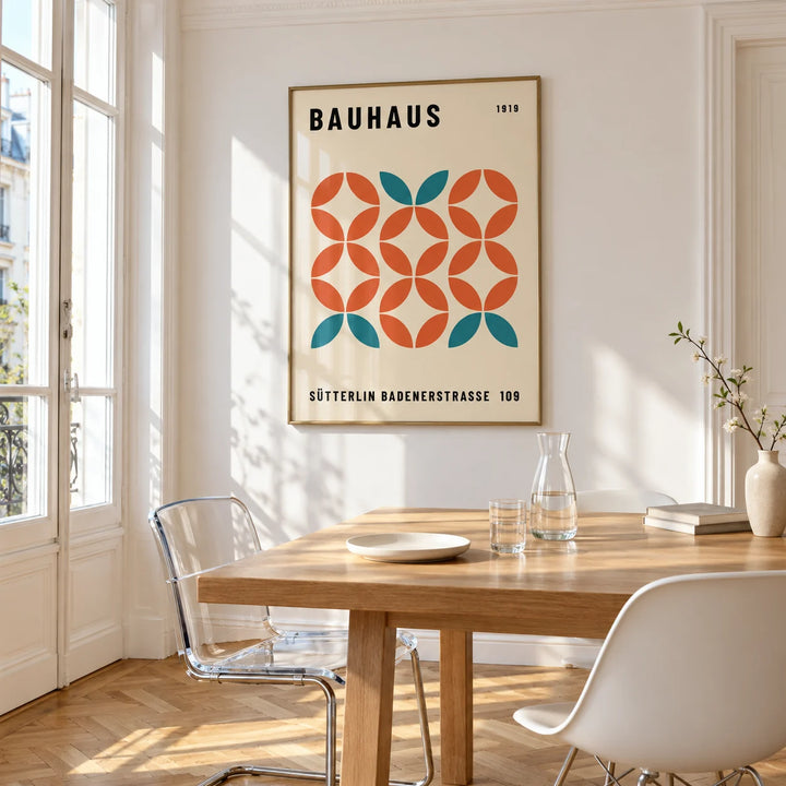 Modern Geometric Wall Art, framed on the wall of a bright dining corner