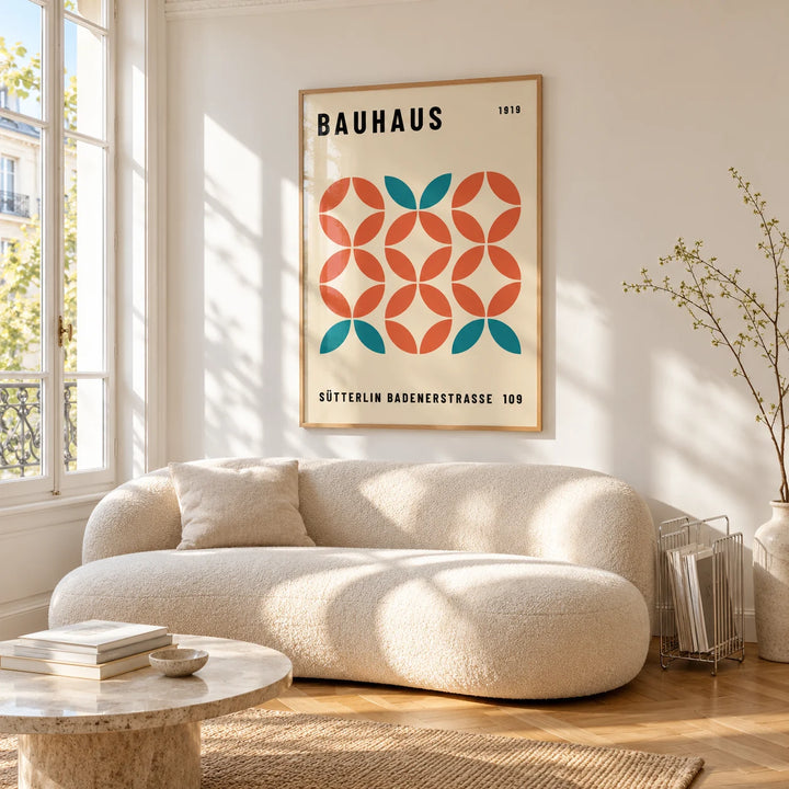 Modern Geometric Wall Art, framed on the wall of a bright living room corner