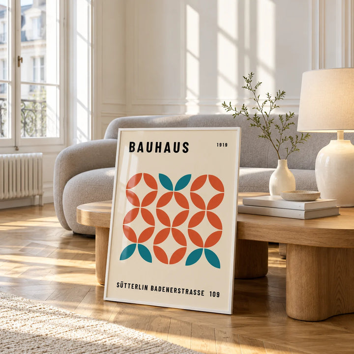Modern Geometric Wall Art, framed and leaning against a coffee table in a bright living room