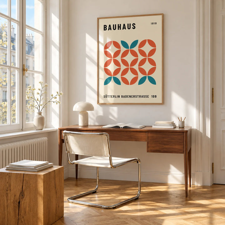 Modern Geometric Wall Art, framed on the wall of a bright study corner with a tall white paned window